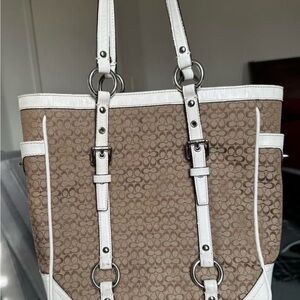 Coach Signature Canvas Tote in Brown with White Trim